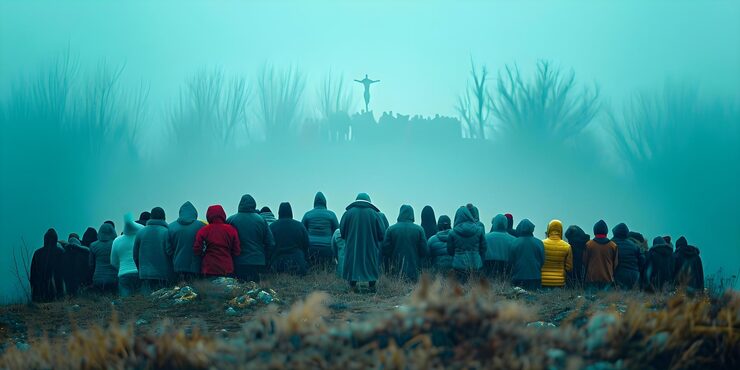 Foto troende på bakketop ser symbolsk jesu himmelfart på kristi himmelfartsdag koncept religiøse begivenheder kristi himmelfartsdag symbolske gestus trofaste forsamlinger bakketopsobservationer