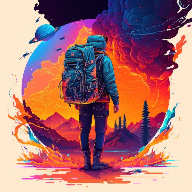 Foto turist med rygsæk er på rejse smuk farverig illustration vektorstil generativ ai