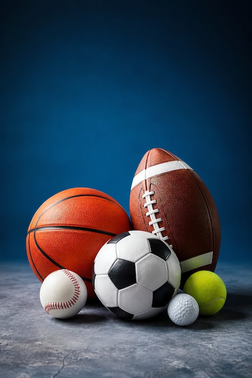 Bild uppsättning av diverse sportbollar inklusive basketboll, amerikansk fotboll, fotboll, tennis, golf och baseboll
