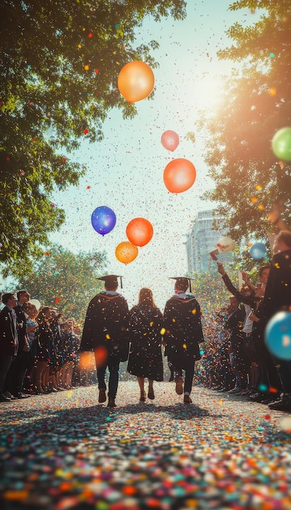 Bild utomhusbild av studenter och föräldrar som firar examensdagen med ballonger och konfetti