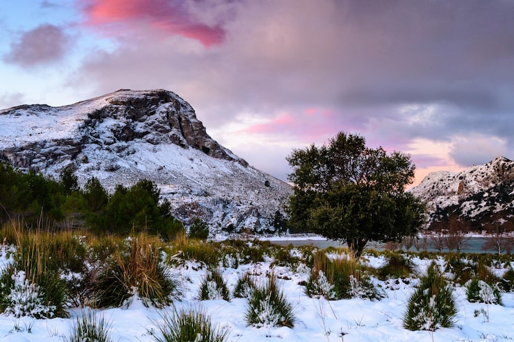 Bild vacker vy över snötäckta berg mot himlen under vintern