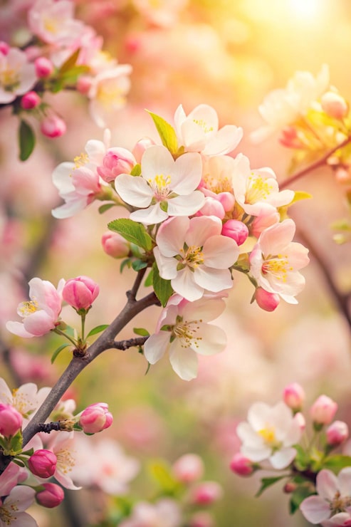 Bild vårblommor bakgrund i persikoludd färg blommande äppelträd mjukt fokus vårblommor friskhet