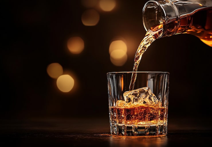 Bild whiskey hälls elegant i ett kristallglas med is som fångar det gyllene vätskeflödet