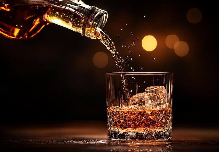 Bild whiskey hälls elegant i ett kristallglas med is som fångar det gyllene vätskeflödet