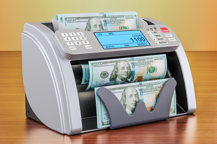 Fotoğraf ahşap masa üzerinde dolarlı para sayma makinesi 3d render