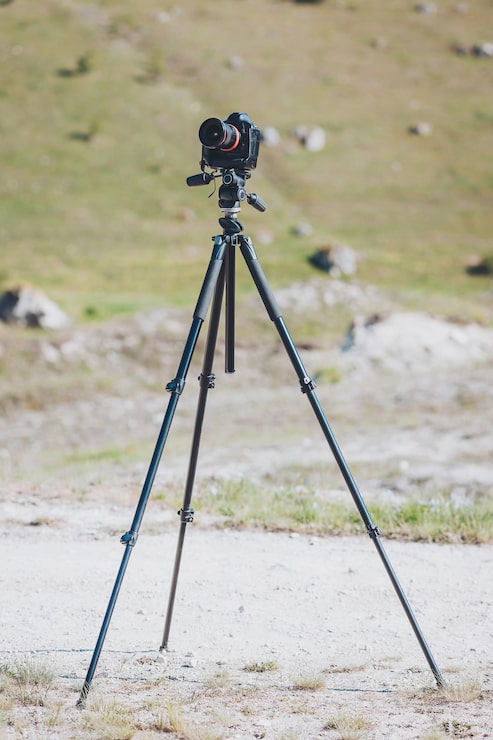 Fotoğraf çayırın yakınında doğal anları yakalayan, güzelliği ölümsüzleştirmeye hazır bir tripod üzerindeki dijital kamera.