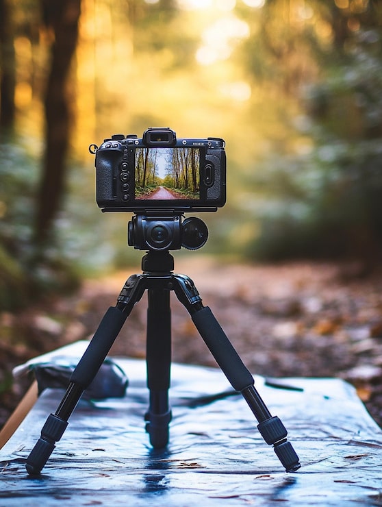 Fotoğraf doğada fotoğraf ekipmanları, manzaralı orman yolunu yakalayan tripod üzerinde dslr fotoğraf makinesi
