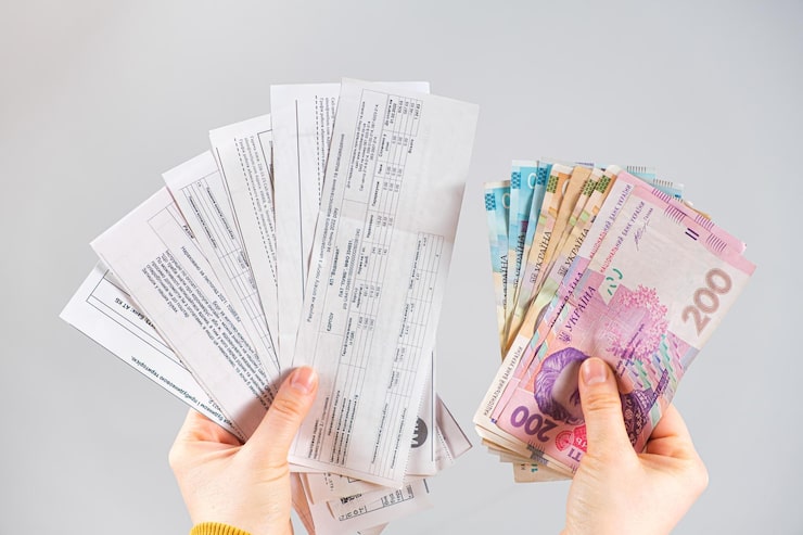 Fotoğraf grivna banknotları ve faturalar bir kişinin elinde