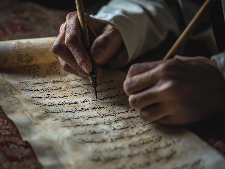 Fotoğraf usta hattat titizlikle eski el yazmasına yazıyor