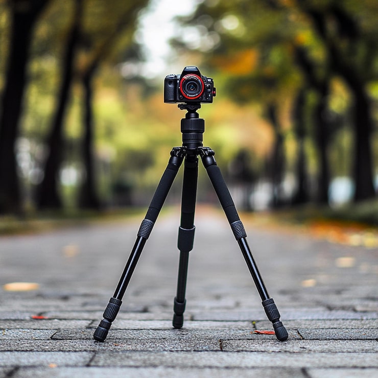 Fotoğraf üzerinde kamera olan bir tripod üzerinde bir kamera duruyor