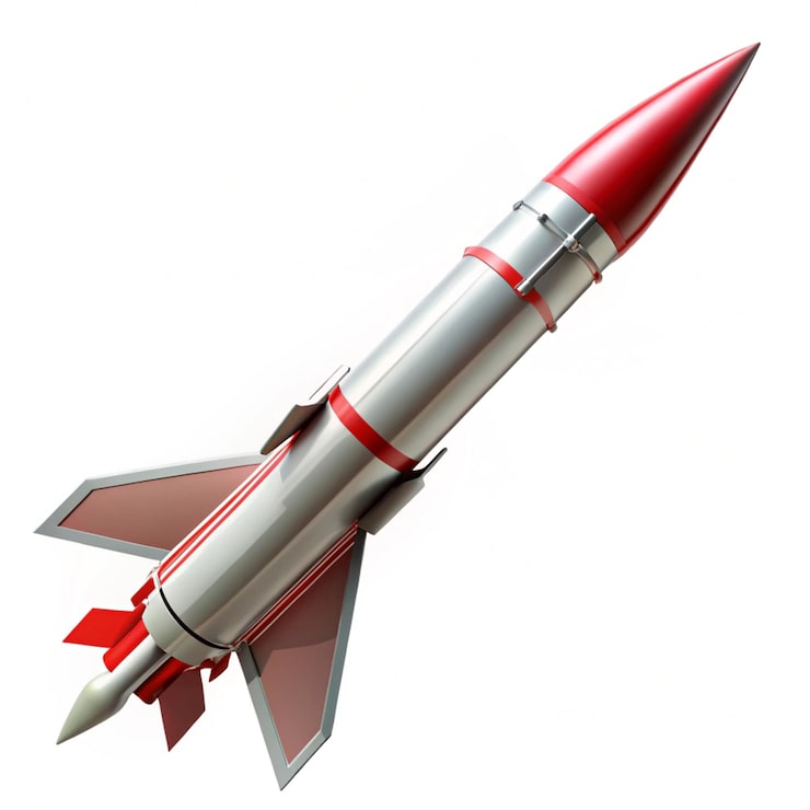 Kuva punainen ja hopeinen raketti, jonka pohjassa on punainen nauha