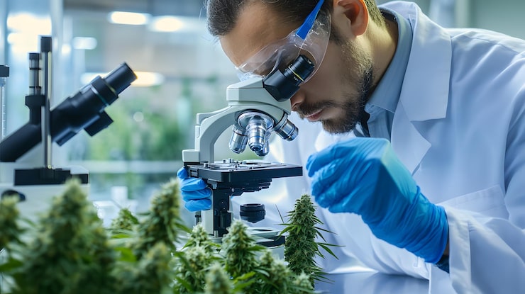 Kuva tutkija tutkii kannabiskasvia mikroskoopilla