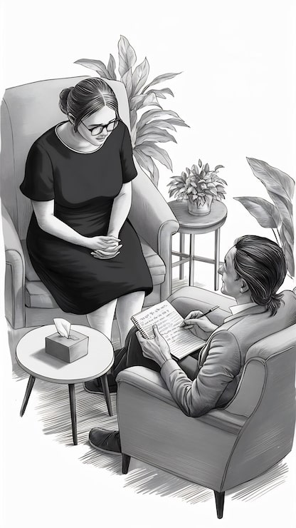 Kuva yläkulma potilaasta puhumassa psykologilleen