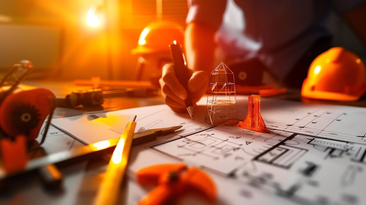 Photo 建筑师在日出时分绘制建筑蓝图，桌子上有工具和安全帽，象征着施工和设计规划