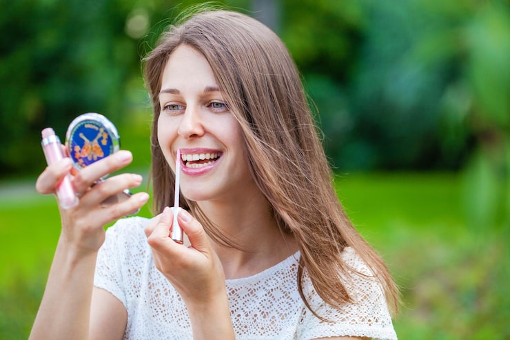 Foto assistent lippenstift mooie jonge brunette vrouw dicht bij zomer buiten