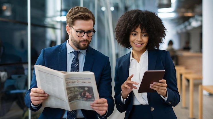 Foto bedrijfsmens die een krant en een bedrijfsvrouw lezen die een nieuws met haar digitaal apparaat lezen