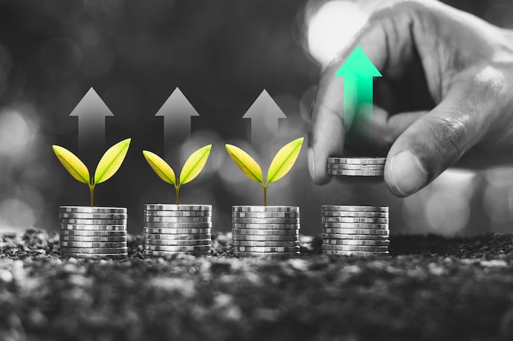 Foto de zaailingen groeien op de munten, denkend aan financiële groei.