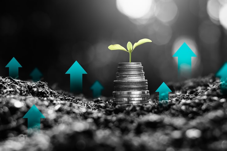 Foto de zaailingen groeien op de munten, denkend aan financiële groei.