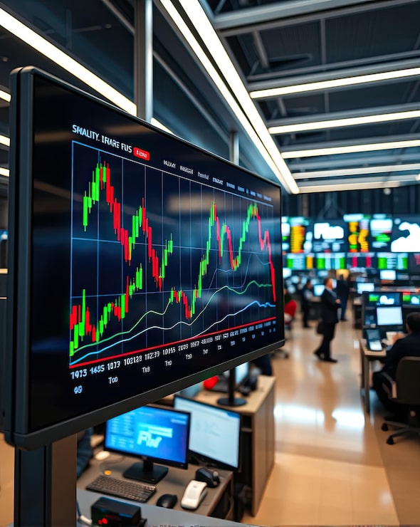 Foto een computermonitor met een grafiek waarop staat bank