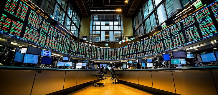 Foto een drukke beursvloer met meerdere schermen met beursgegevens en financiële activiteit