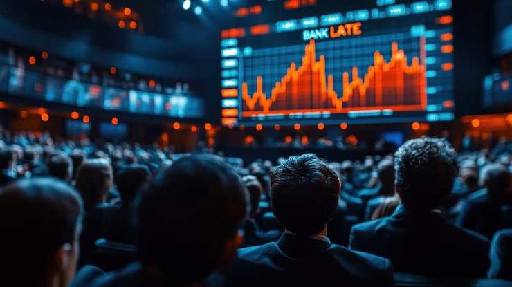 Foto een menigte mensen in een auditorium met een scherm dat de nacht erop zegt