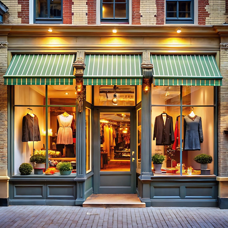 Foto een winkelfront met een groene luifel die de naam van de winkel vermeldt