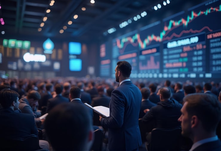 Foto een zakenman spreekt voor een groot publiek op een beurs met marktgrafieken en financiële gegevens