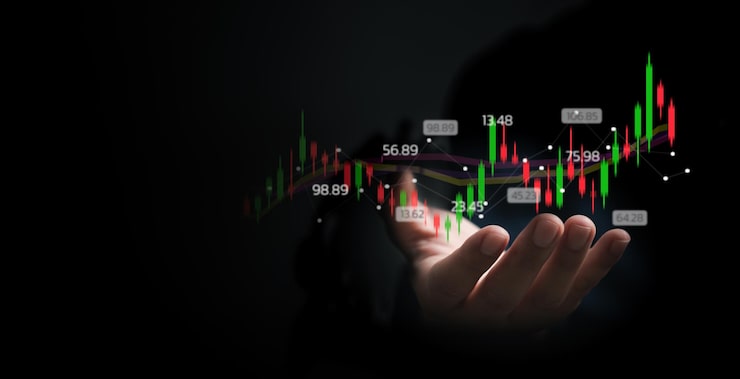 Foto financiën en bedrijfsbeleggingsconcept aandelen- en crypto-beleggingsfondsen ondernemer die forex-grafieken van financiële gegevens analyseert of verhandelt kaarsenkaart