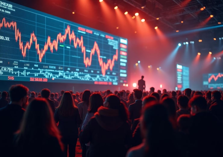 Foto het publiek kijkt naar de effectenmarkttrends op een financiële conferentie