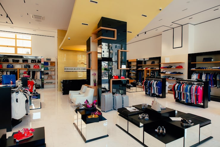 Foto interieur van een kledingwinkel kleding voor mannen en vrouwen op de