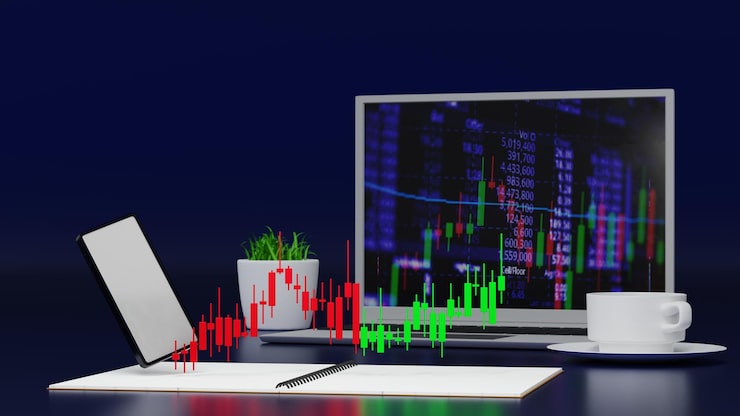 Foto smartphone en notebook met gouden munten en trading candle stick beurs crypto valuta investering 3d-rendering