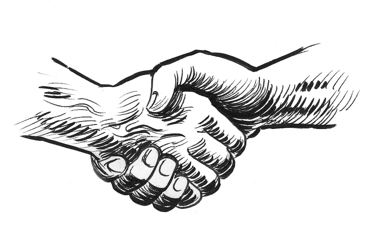 Foto stevige handdruk. inkt zwart-wit tekening