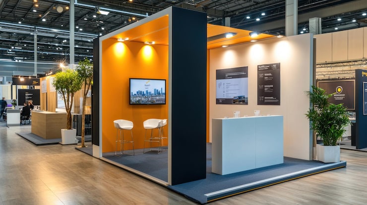 Foto tentoonstellingsstand op een conferentie met banners, brochures en promotiemateriaal
