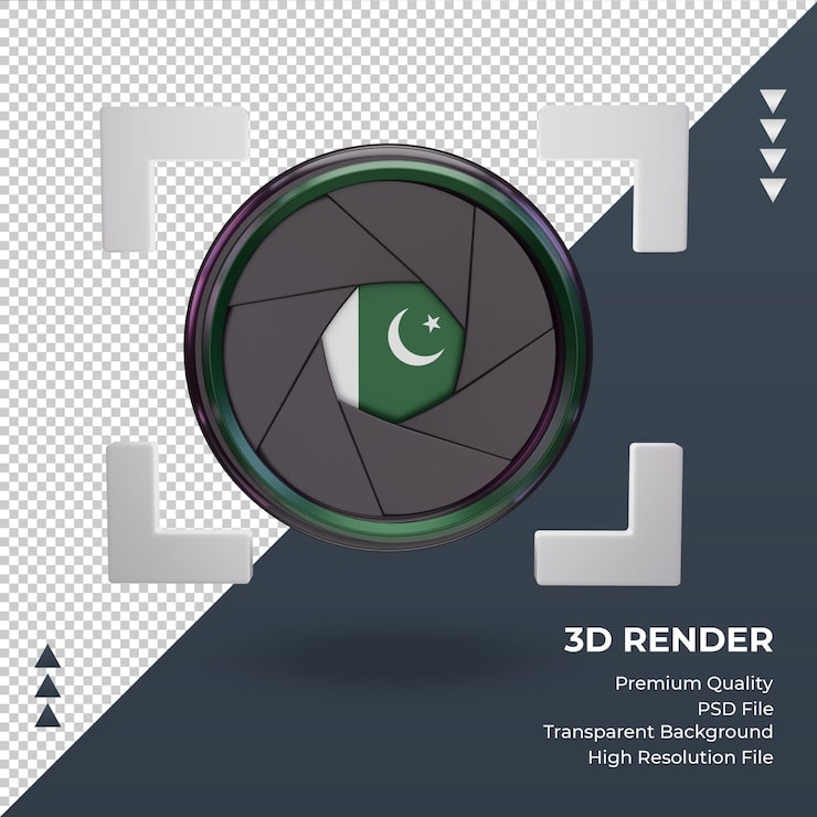 PSD 3 boyutlu panjur kamera pakistan bayrağı önden görünüm renderlaması