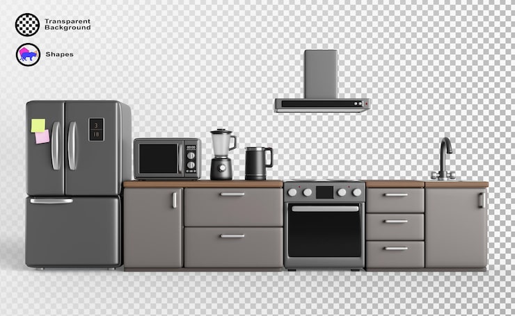PSD 3d mutfak odası iç mekan seti mobilya ve cihazlar buzdolabı, gazlı ocak davlumbaz mikrodalga fırın blender ve su ısıtıcısı ahşap tezgahlı modern gri cephe lavabo ve musluk