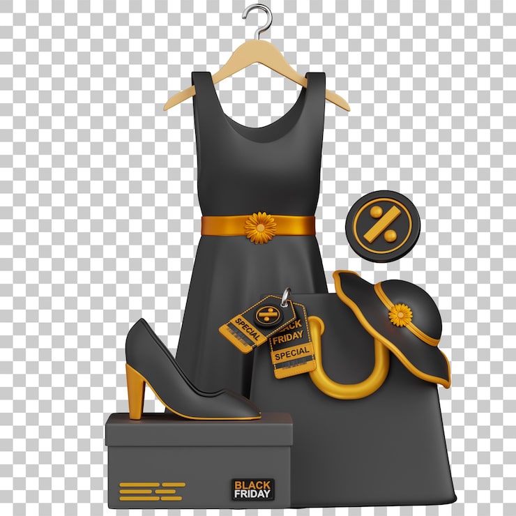 PSD 3d-render black friday mode kortingscollectie met jurk, schoenen, tas en hoed als icoon