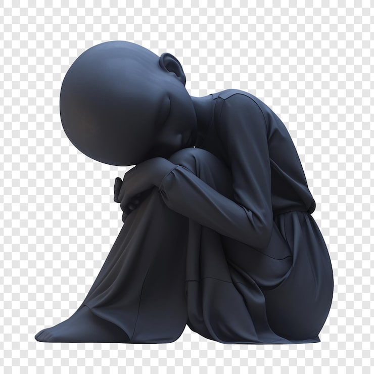 PSD 一个3d渲染的坐着的人，描绘了孤独和悲伤