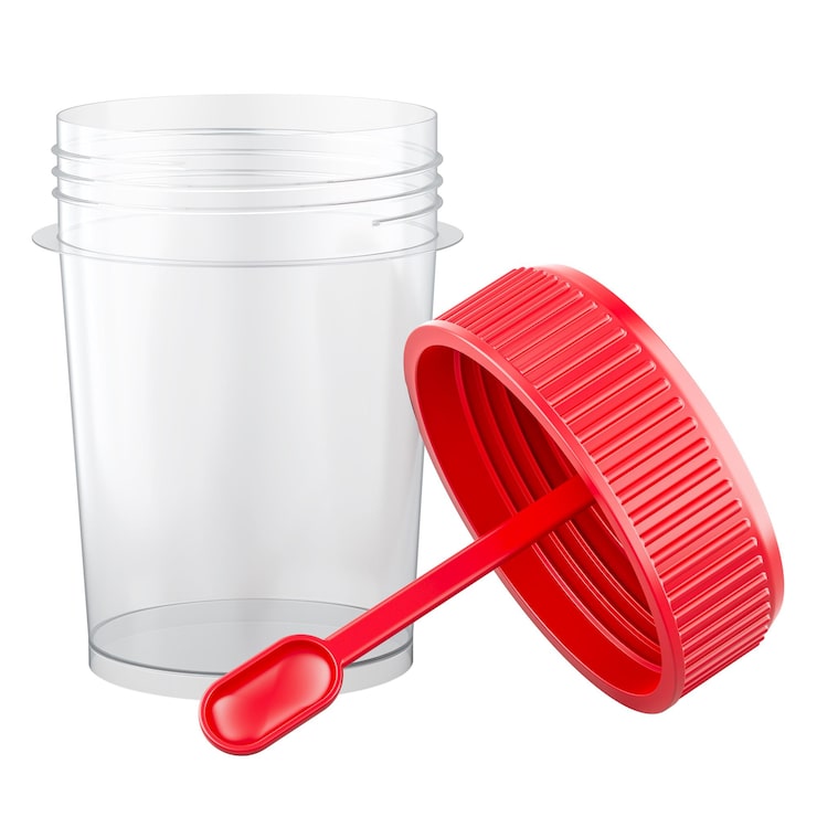 PSD 3d-rendering af afføringsprøvebeholder med ske isoleret på transparent baggrund