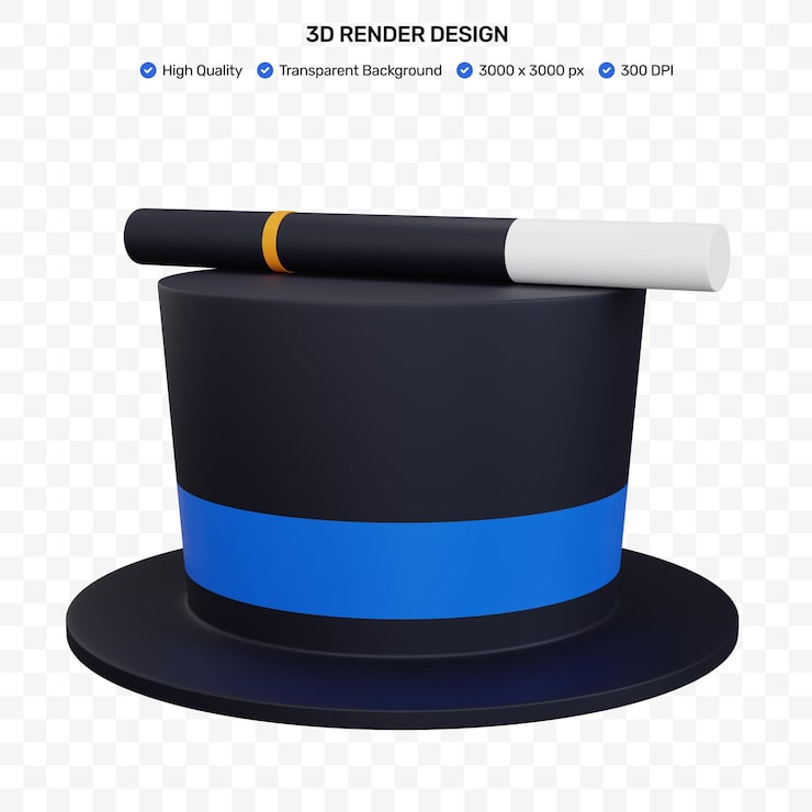 PSD 3d-rendering magisk hatt och trollstavsmagi isolerad