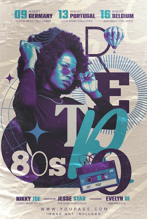 PSD 80'er revival event flyer med popkulturikoner – retro plakatdesign