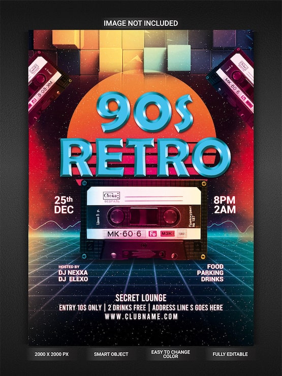 PSD 90'er retro party flyer skabelon