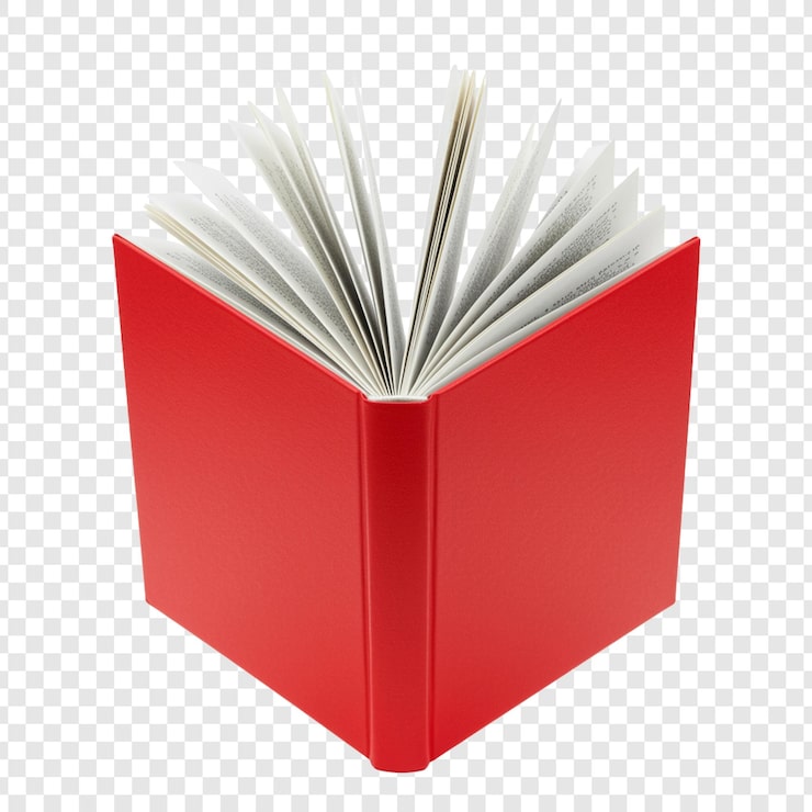 PSD ã–ppen rã¶d inbunden bok med tomma sidor stã¥ende upprã¤tt pã¥ transparent bakgrund