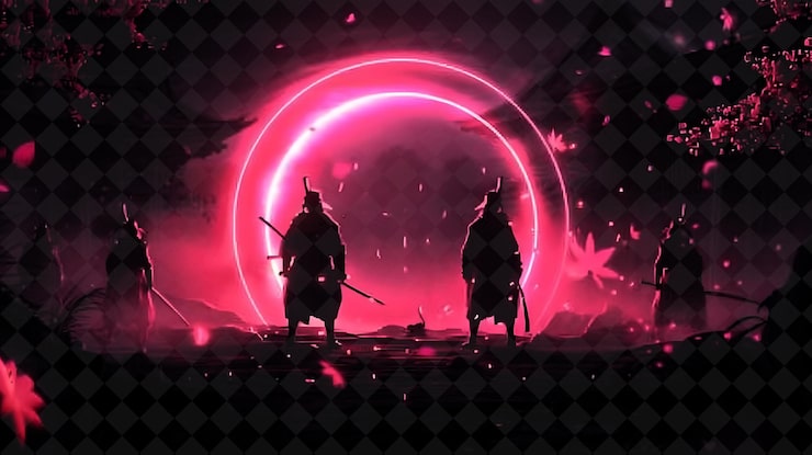 PSD ærefuld samurai arcane-ramme med samurai-krigere omkring neonfarve-ramme y2k-kollektion