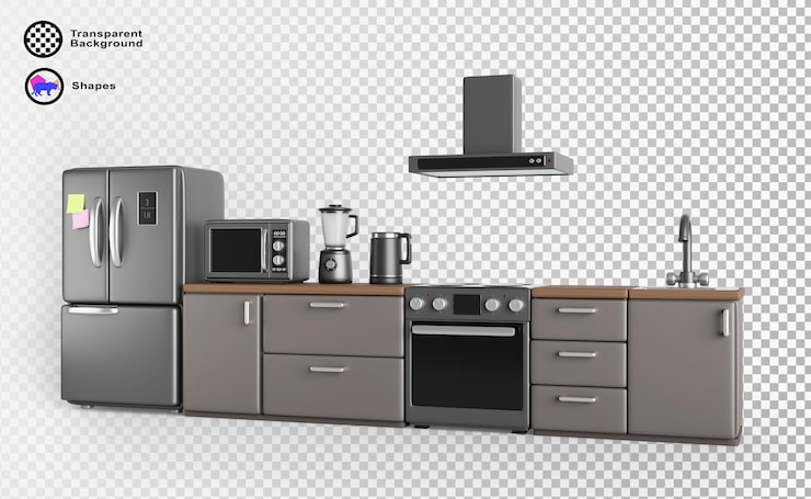 PSD akıllı buzdolabı, gazlı ocak ve davlumbazlı 3d ev mutfak odası iç mekanı ahşap masa üstü render üzerinde mikrodalga fırın, su ısıtıcısı, blender, lavabo ve musluklu izole modern mobilya seti