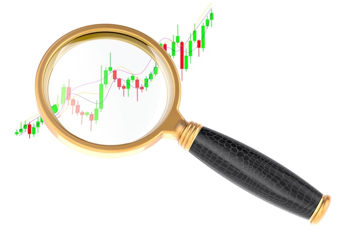PSD analyse van het handelsmarktconcept candlestick-grafiek met vergrootglas 3d-weergave geïsoleerd op transparante achtergrond