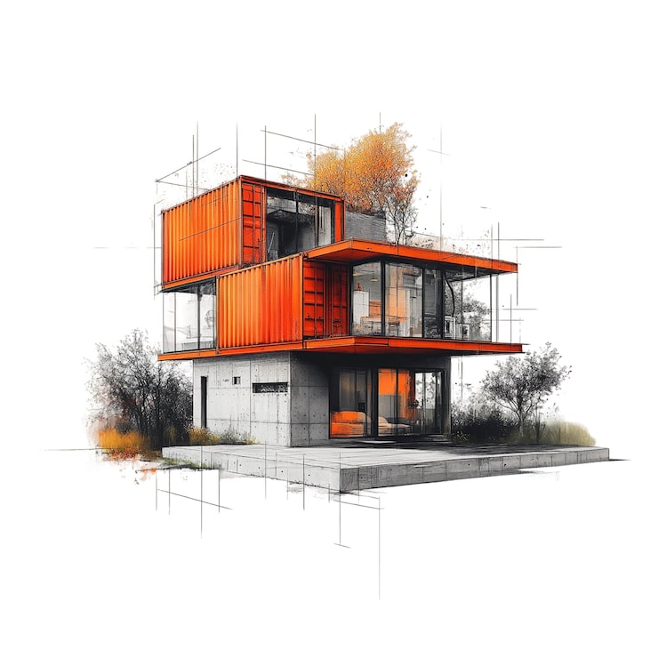 PSD architectonische schets van een containerhuis op een doorzichtige achtergrond generatieve ai