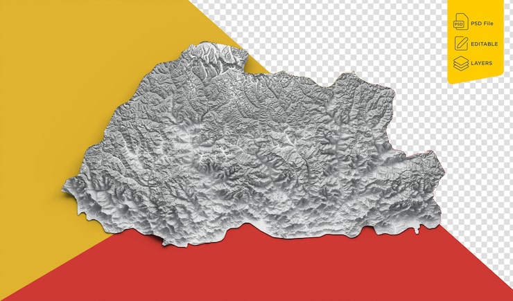 PSD bhutan karta flagga skuggad relief färg höjd karta på bhutan flagga färger bakgrund 3d-illustration