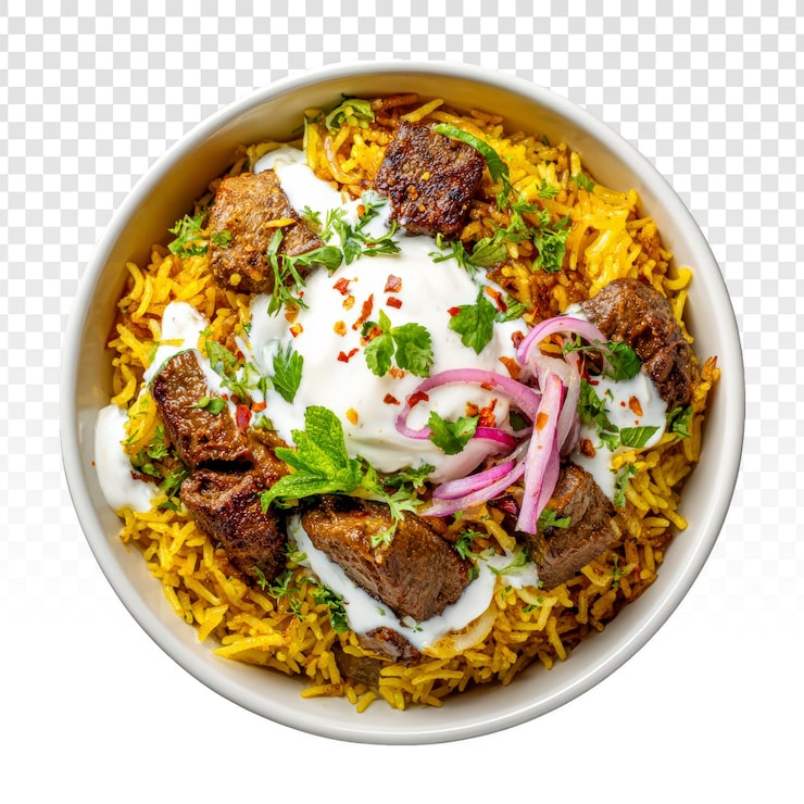 PSD biryani med lamm och yoghurtsås.