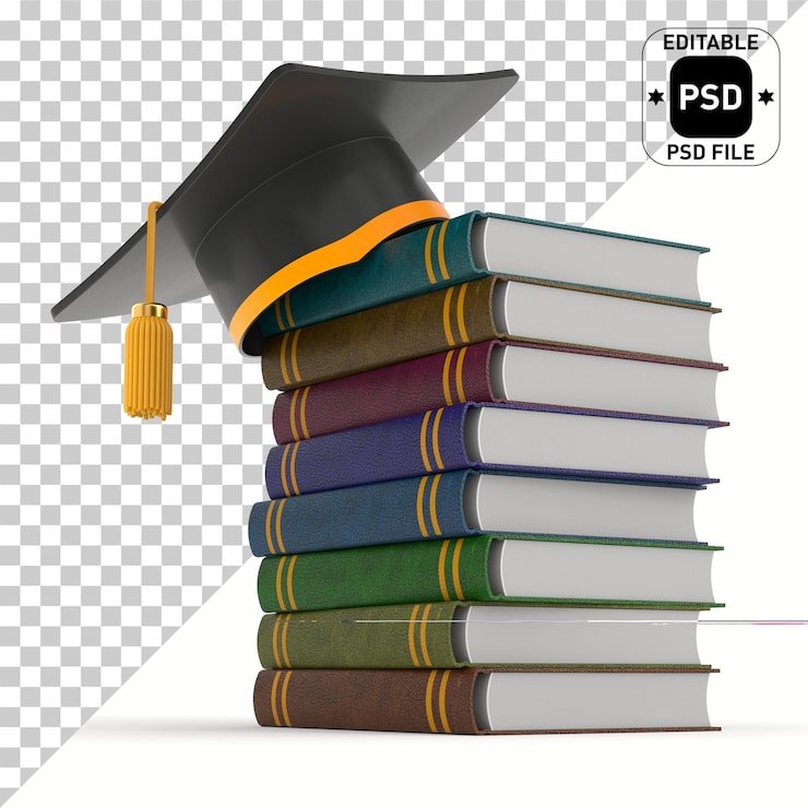 PSD bokhög och studentmössa på vit bakgrund isolerad 3d-illustration