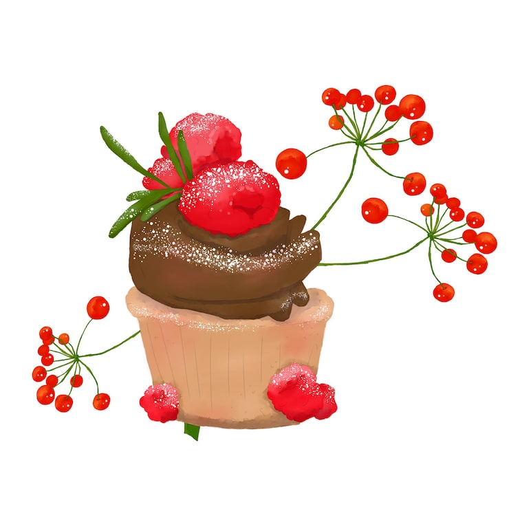 PSD boże narodzenie cupcake brązowy z kremem czekoladowym i czerwonymi jagodami cyfrowa ilustracja akwarelowa